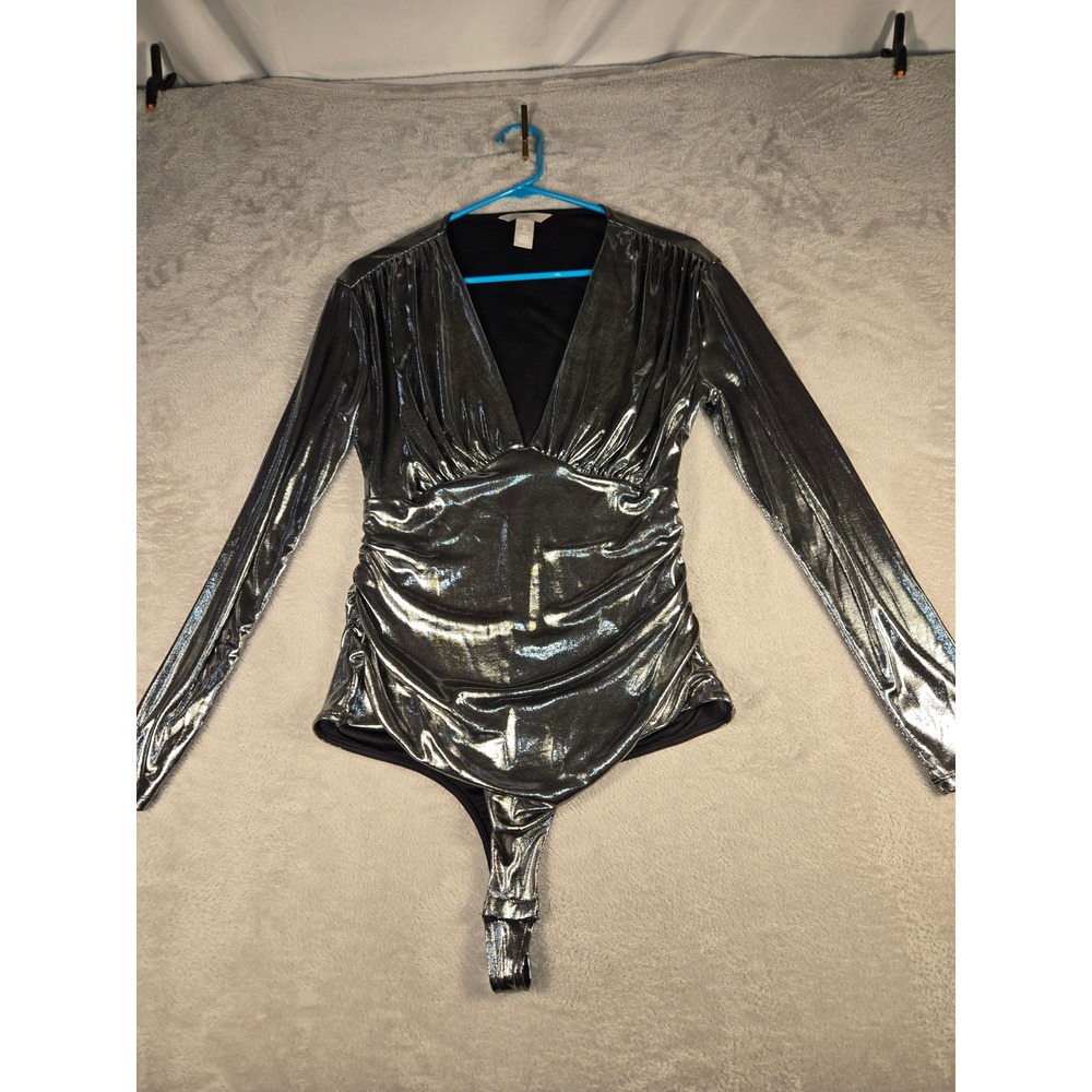 HM Metallic Silver Long Sleeve Bodysuit Ruched V-Neck Shiny Party Top L - Picture 4 of 6